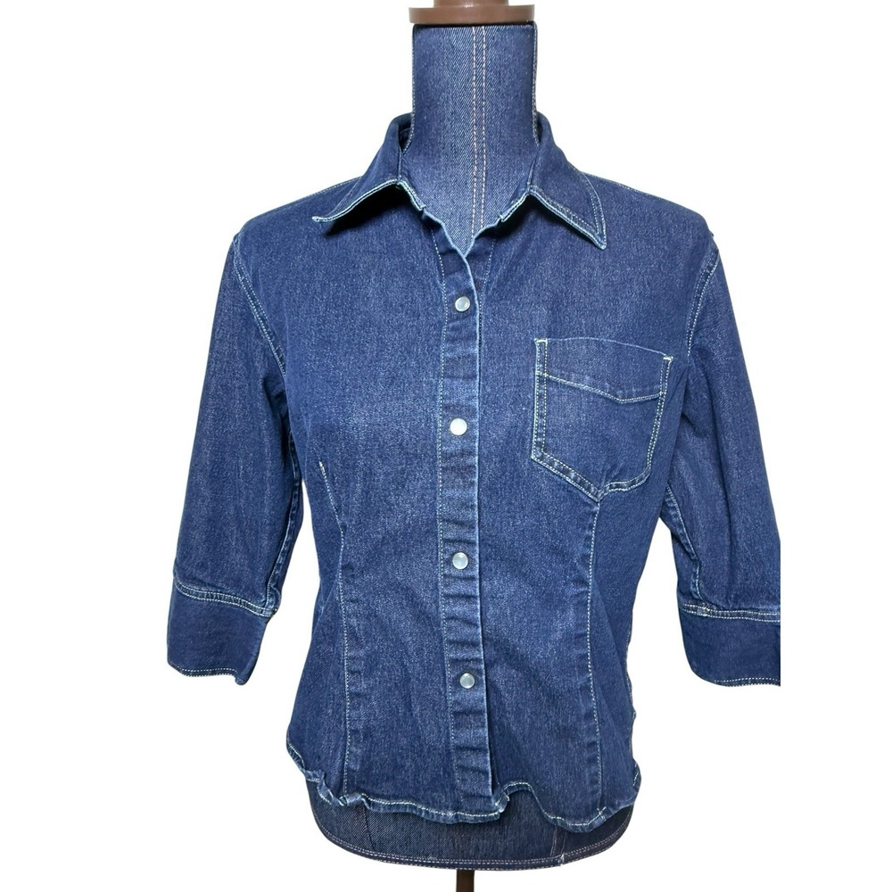 Liz Claiborne Womens Small  Denim Pearl Snap Shirt Long Sleeve Top western